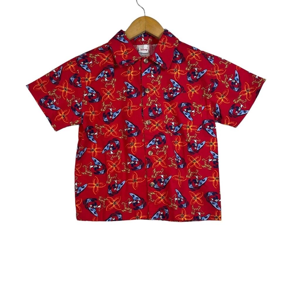 Disney Vintage Kids Red Mickey Mouse Hawaiian Button Shirt Size Small Surf